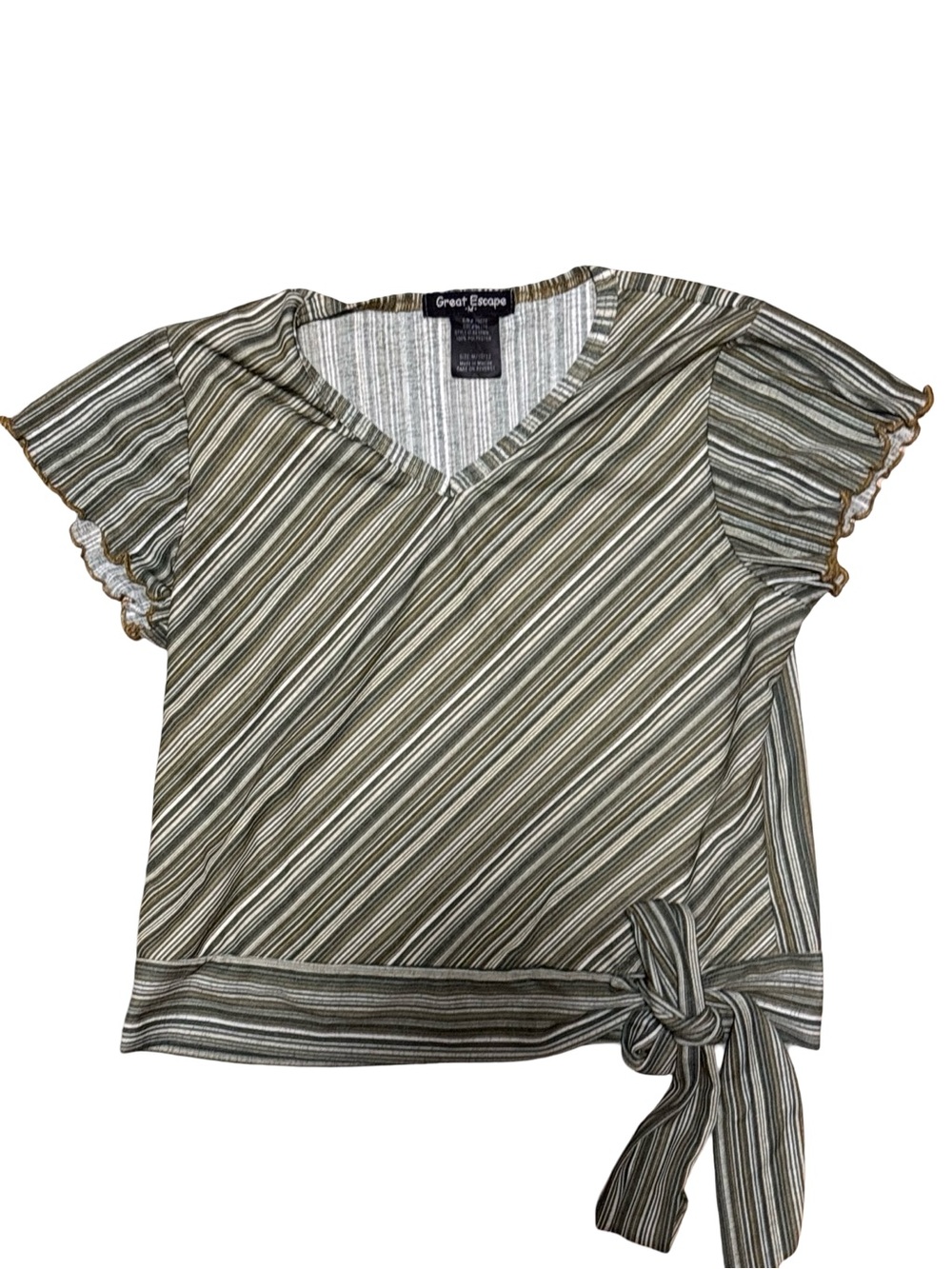 Striped V Neck Chiffon Lightweight Green Tie-Hem Girls Top Size 10-12